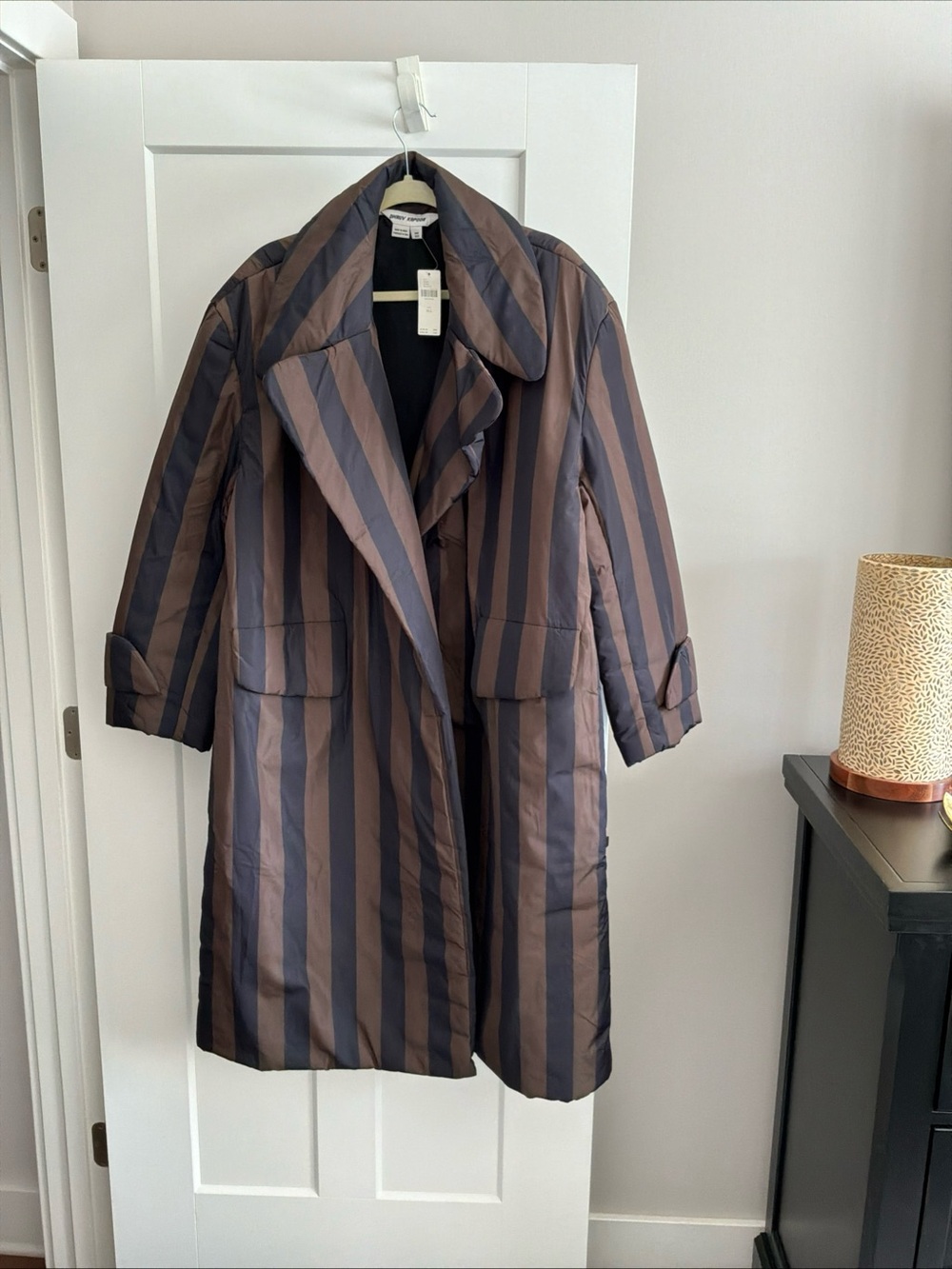 Anthropologie Striped Quilted Coat in Olive and black